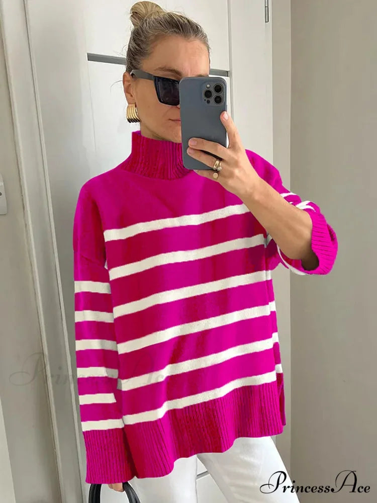 Striped Turtleneck Knitted Cozy Stylish Long Sleeve Comfortable Casual Warm Sweater Rose Red / S