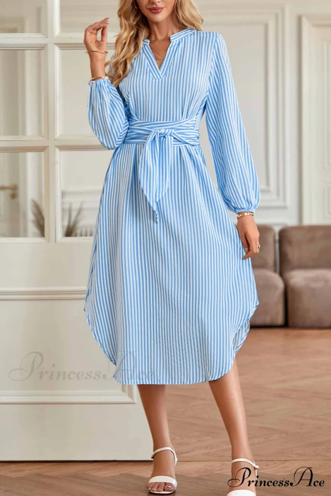 Striped V Neck Tie Waist Long Sleeve Midi Dress Blue / M