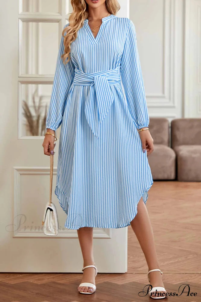Striped V Neck Tie Waist Long Sleeve Midi Dress Blue / S