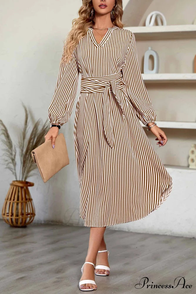 Striped V Neck Tie Waist Long Sleeve Midi Dress Coffee / L