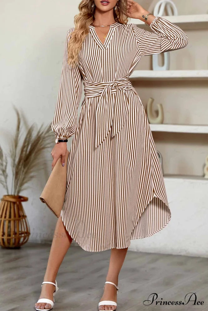 Striped V Neck Tie Waist Long Sleeve Midi Dress Coffee / M
