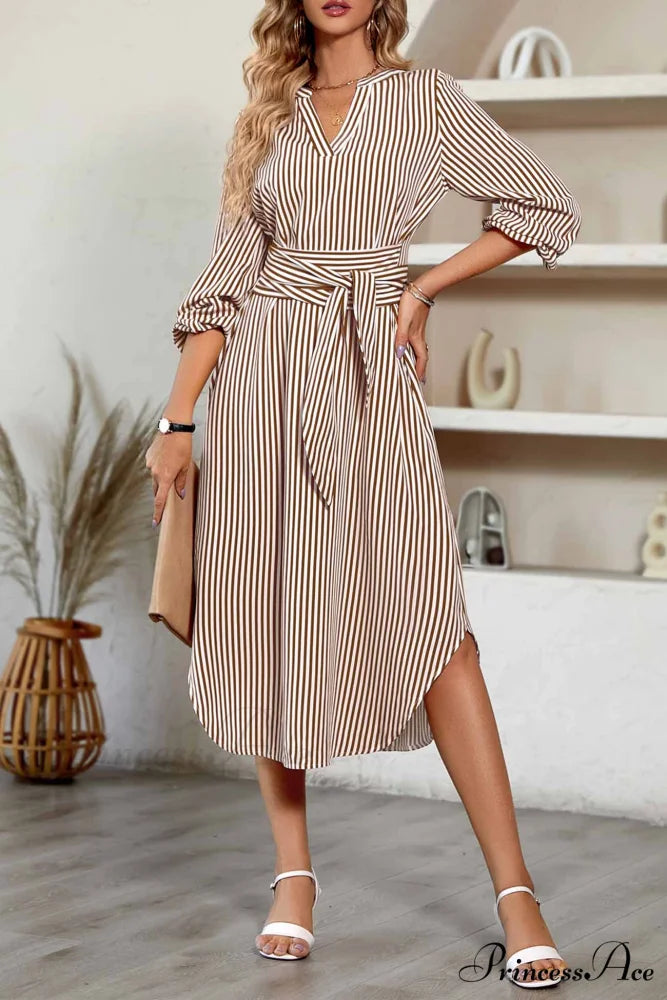 Striped V Neck Tie Waist Long Sleeve Midi Dress Coffee / S