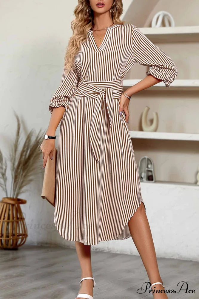 Striped V Neck Tie Waist Long Sleeve Midi Dress Coffee / XL
