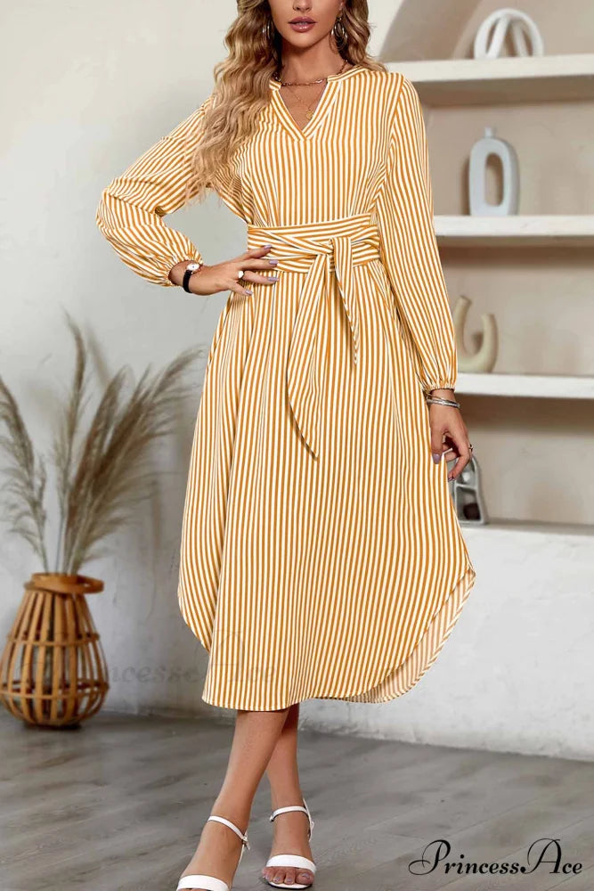 Striped V Neck Tie Waist Long Sleeve Midi Dress Yellow / L