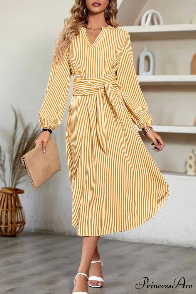 Striped V Neck Tie Waist Long Sleeve Midi Dress Yellow / M