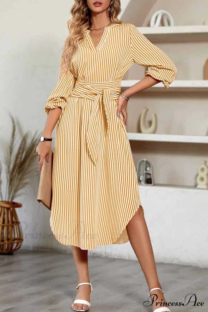 Striped V Neck Tie Waist Long Sleeve Midi Dress Yellow / S