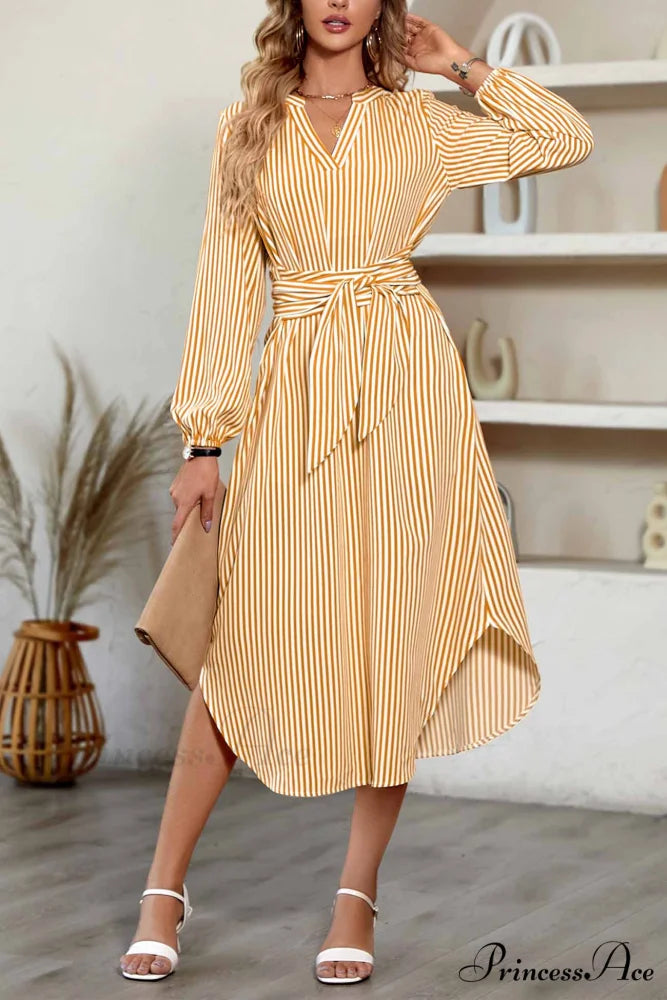 Striped V Neck Tie Waist Long Sleeve Midi Dress Yellow / XL