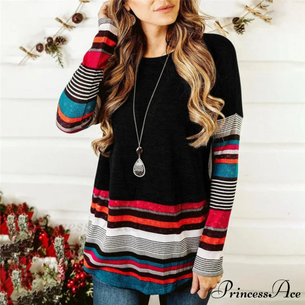 Striped Women Splicing Long Sleeve Top black / S