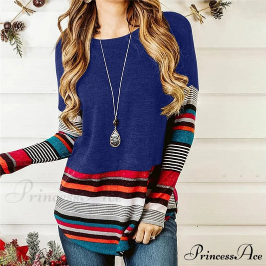 Striped Women Splicing Long Sleeve Top blue / S