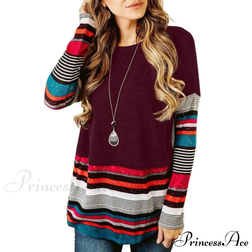 Striped Women Splicing Long Sleeve Top Claret / S