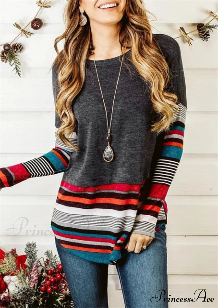 Striped Women Splicing Long Sleeve Top gray / S