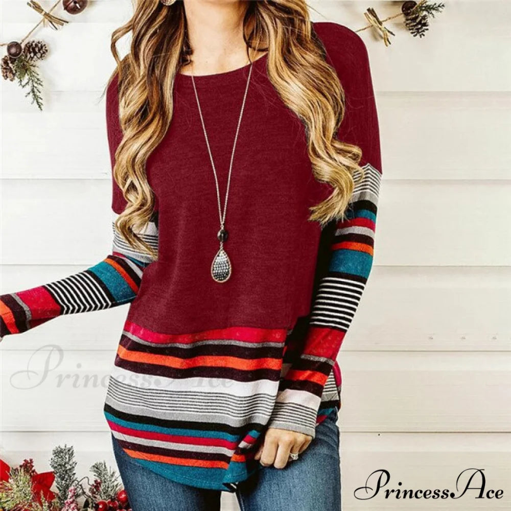Striped Women Splicing Long Sleeve Top red / S