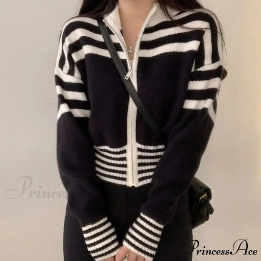 Striped Zipper Elevated Collar Cardigan Black / S cardigans-241228