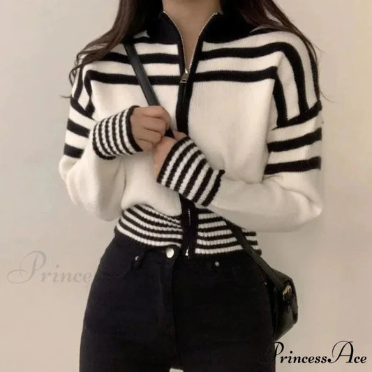 Striped Zipper Elevated Collar Cardigan cardigans-241228