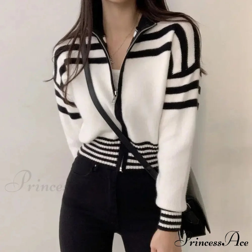 Striped Zipper Elevated Collar Cardigan WHITE / S cardigans-241228