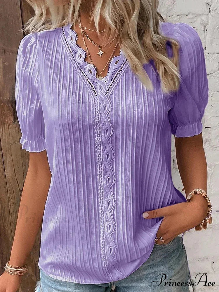 Strong Attractive Plunge Neck Join Short Sleeve Blouse blouse-250126
