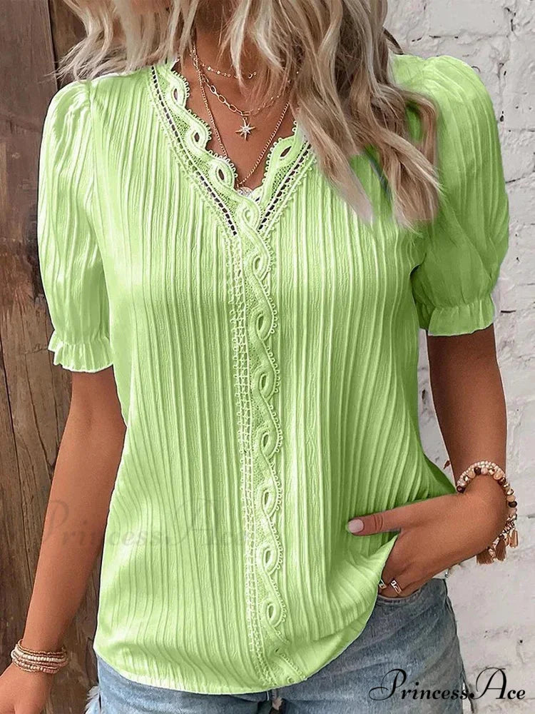 Strong Attractive Plunge Neck Join Short Sleeve Blouse blouse-250126