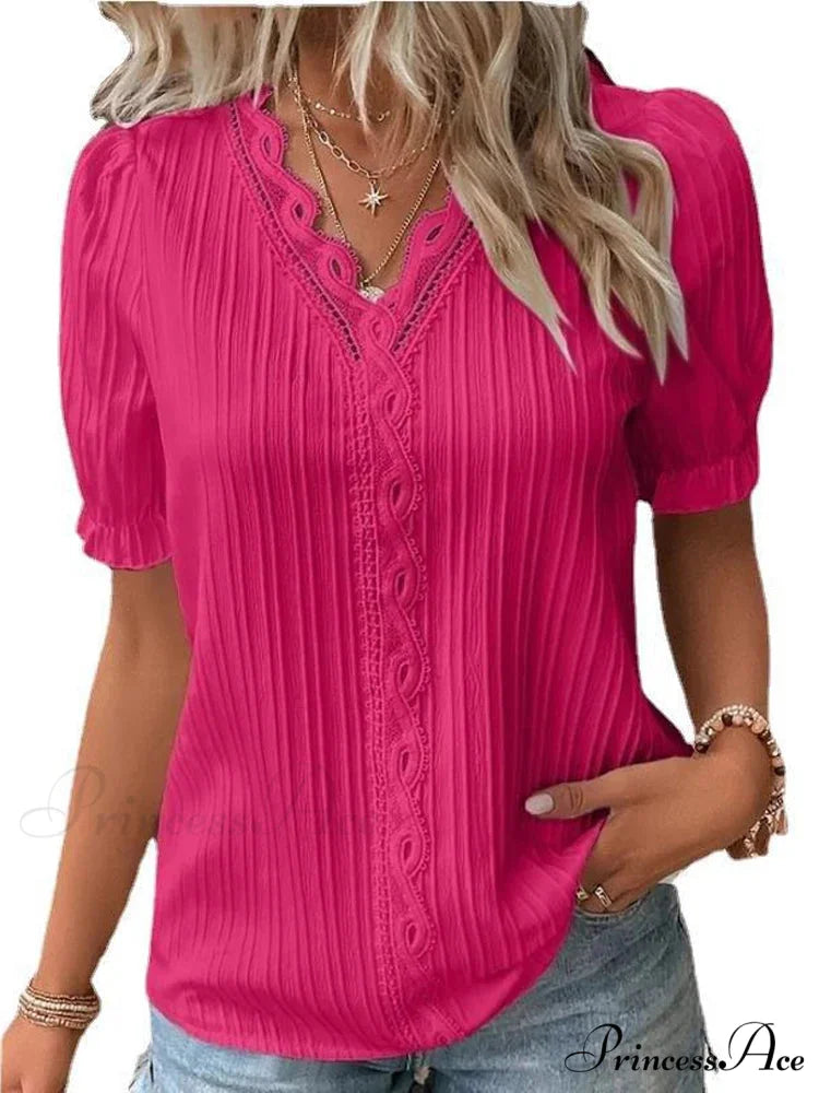 Strong Attractive Plunge Neck Join Short Sleeve Blouse blouse-250126
