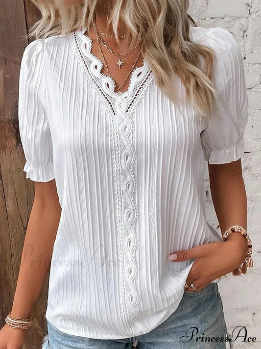 Strong Attractive Plunge Neck Join Short Sleeve Blouse blouse-250126