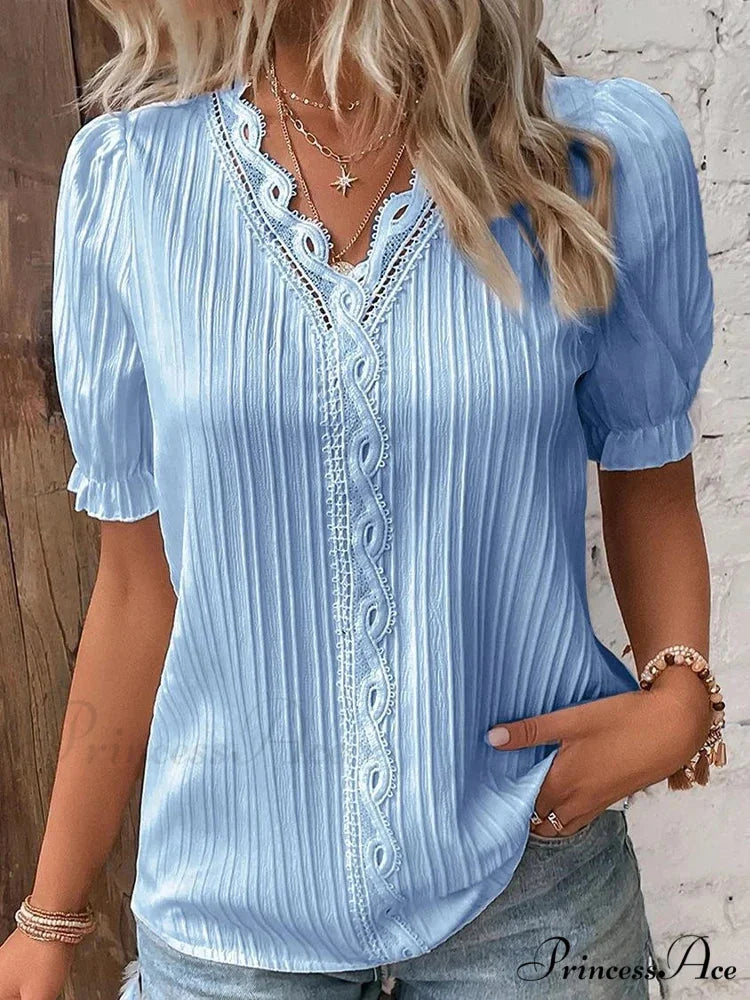 Strong Attractive Plunge Neck Join Short Sleeve Blouse blouse-250126
