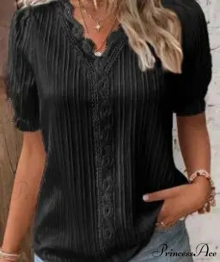 Strong Attractive Plunge Neck Join Short Sleeve Blouse Black / S blouse-250126