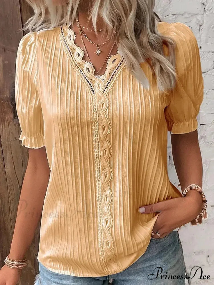 Strong Attractive Plunge Neck Join Short Sleeve Blouse Gold / S blouse-250126