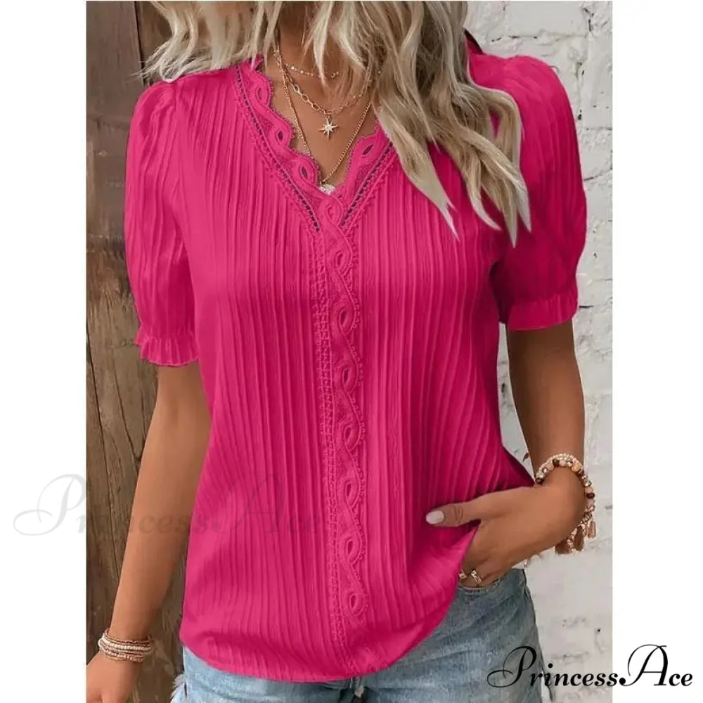 Strong Attractive Plunge Neck Join Short Sleeve Blouse Rose Red / S blouse-250126