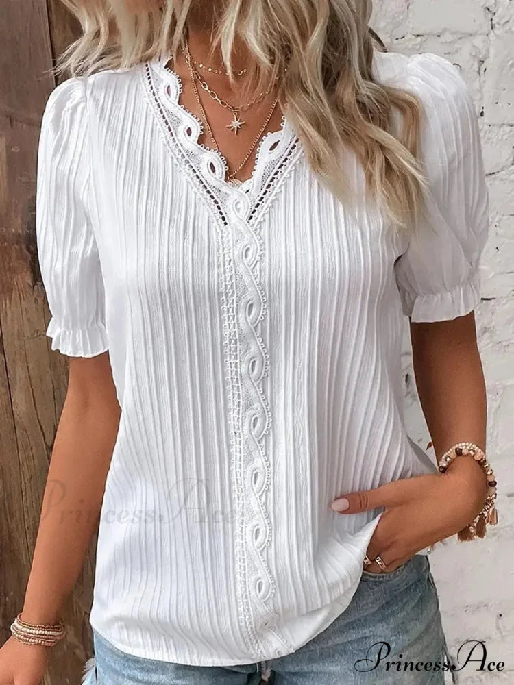 Strong Attractive Plunge Neck Join Short Sleeve Blouse WHITE / S blouse-250126