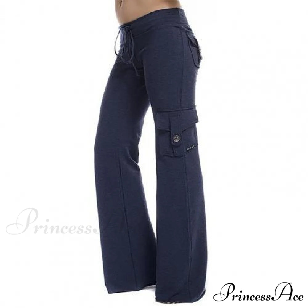 Strong Elastic Wide Leg Soft Sports Drawstring Straight Cargo Pants Blue / M
