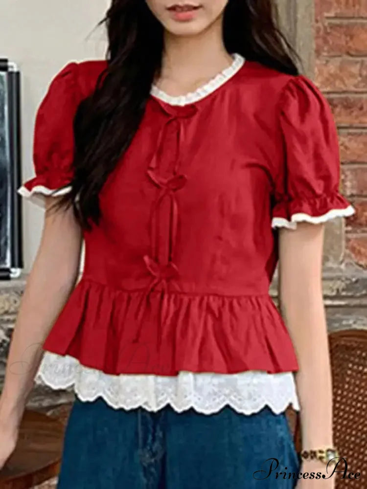 Strong Puff Sleeve Lace Patchwork High Neck Blouse Red / S blouse-250126