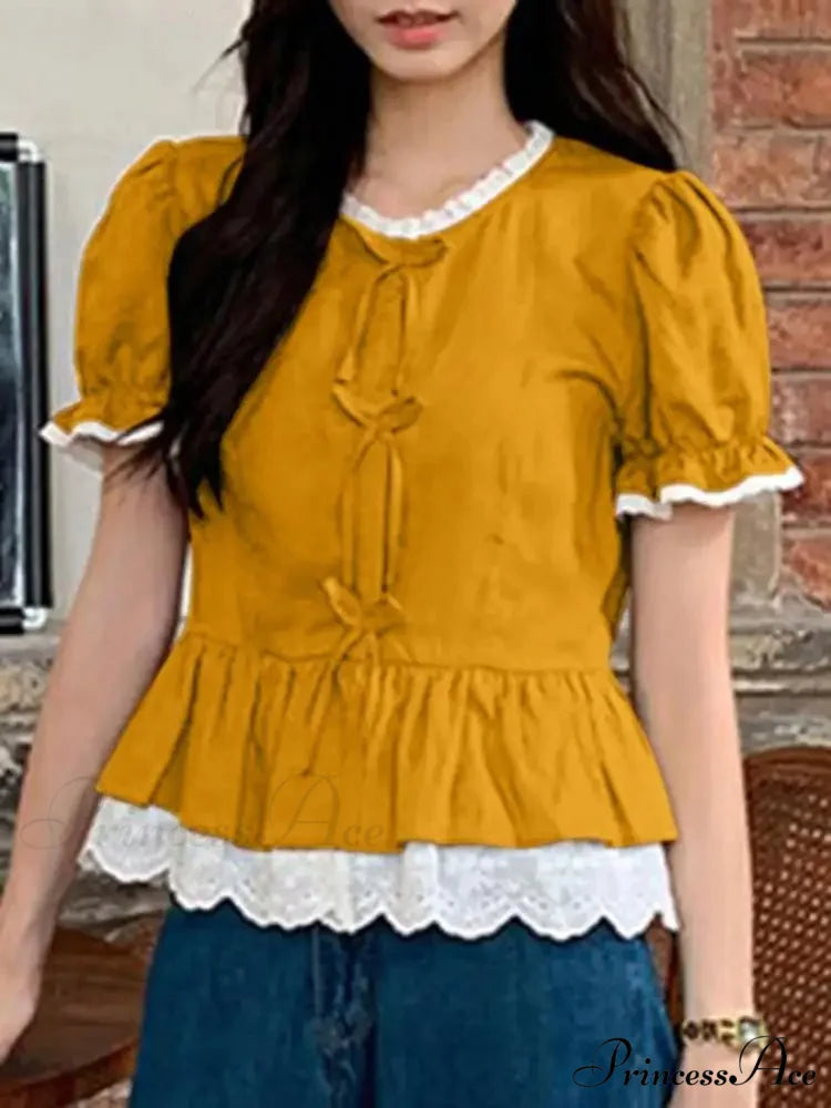 Strong Puff Sleeve Lace Patchwork High Neck Blouse Yellow / S blouse-250126