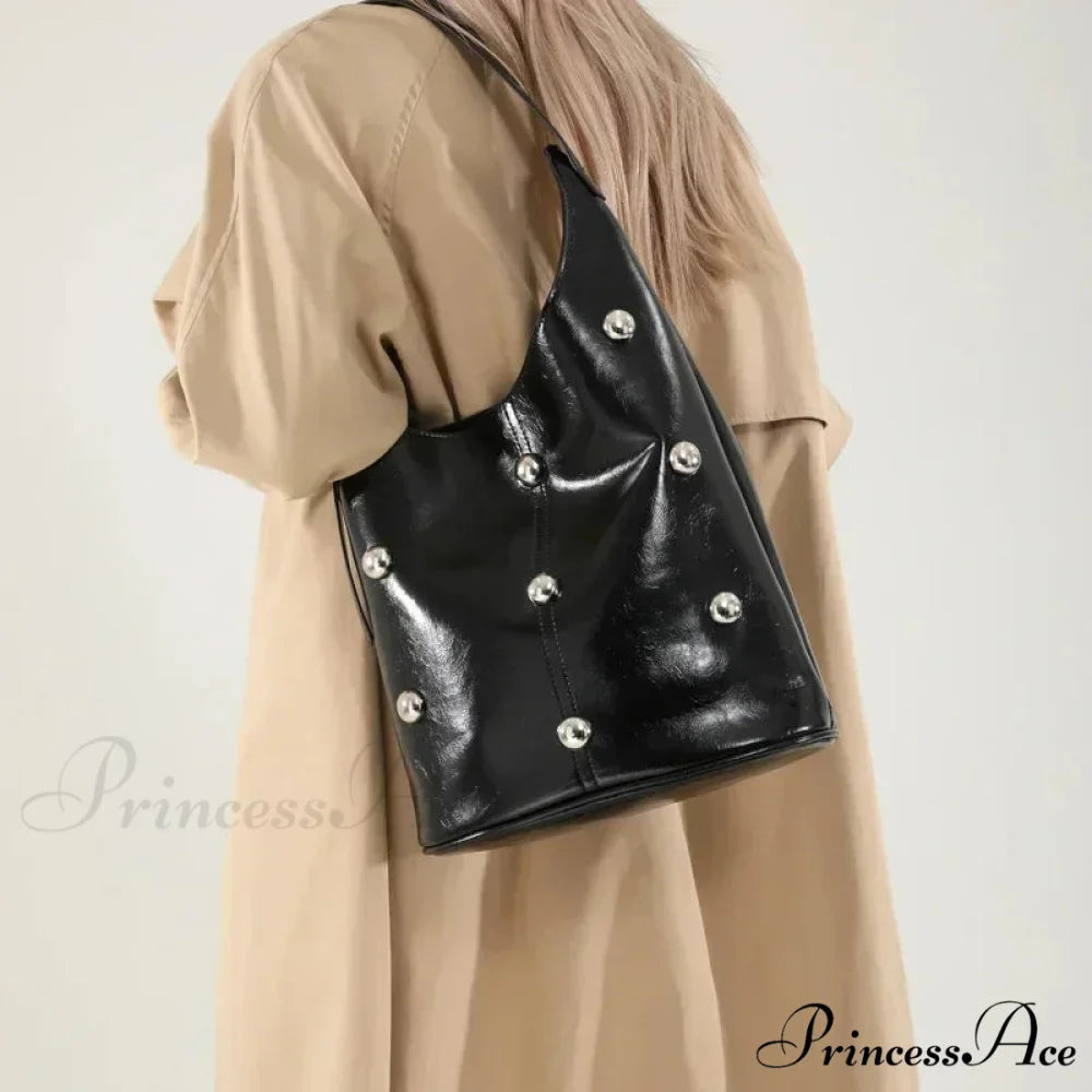Stud Synthetic Leather Pail Shoulder Bag 2025 Black shoulder-250126