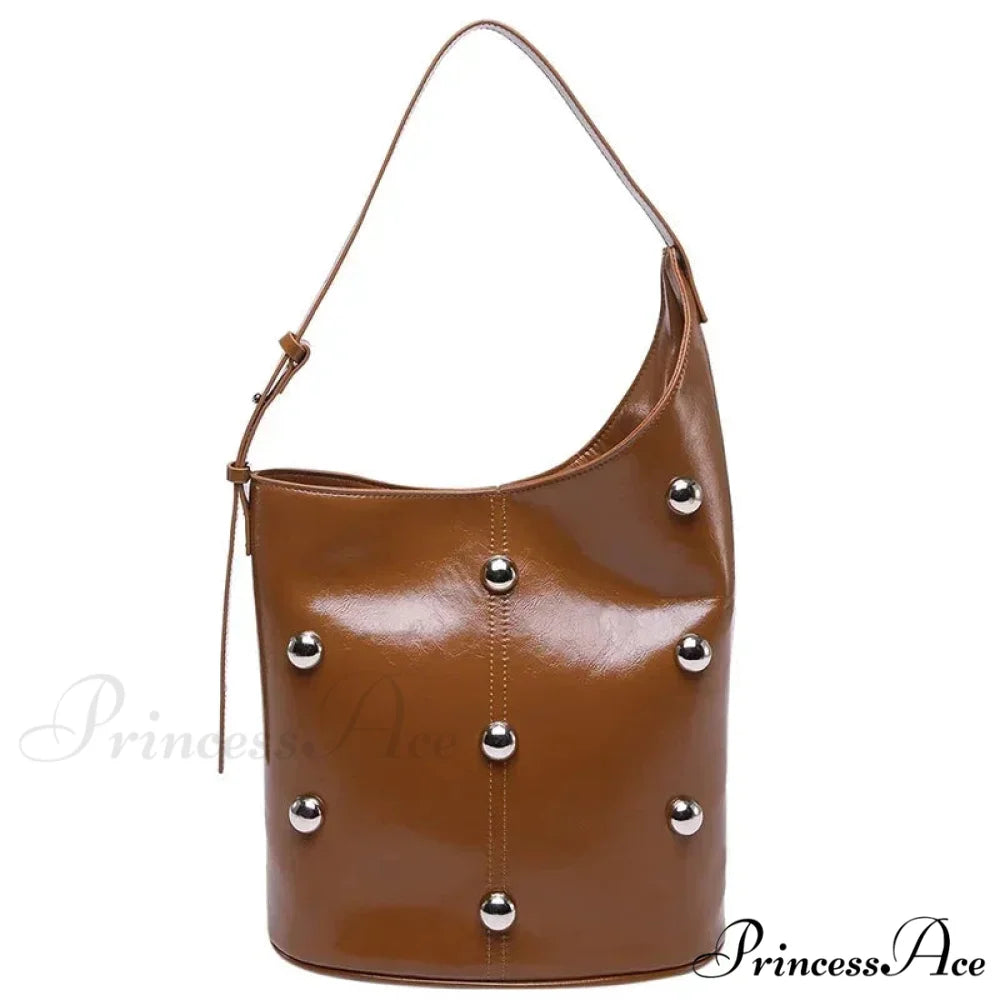 Stud Synthetic Leather Pail Shoulder Bag 2025 Brown shoulder-250126