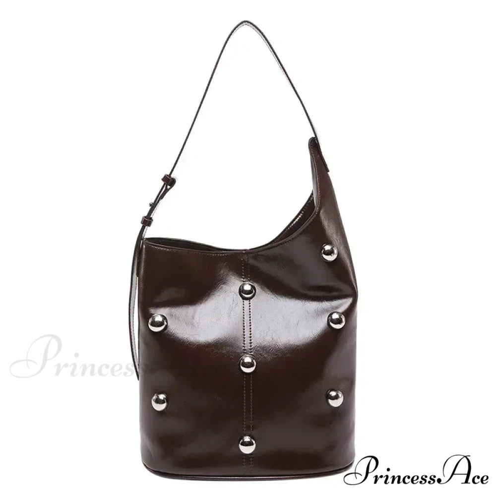 Stud Synthetic Leather Pail Shoulder Bag 2025 Coffee shoulder-250126