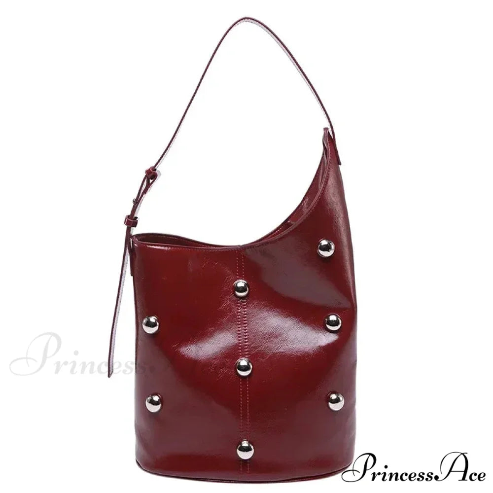 Stud Synthetic Leather Pail Shoulder Bag 2025 Red shoulder-250126