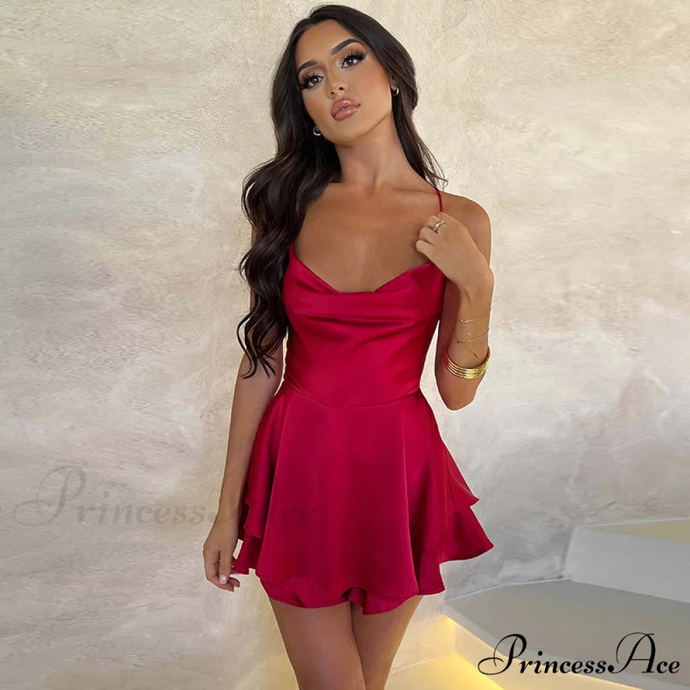 Stunning In Stylish Satin Skater Dress red / S