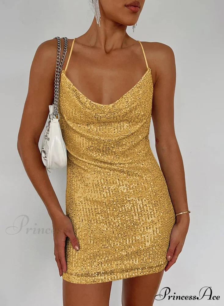 Stunning Sparkle Stylish Rhinestone Mini Dress Yellow / S