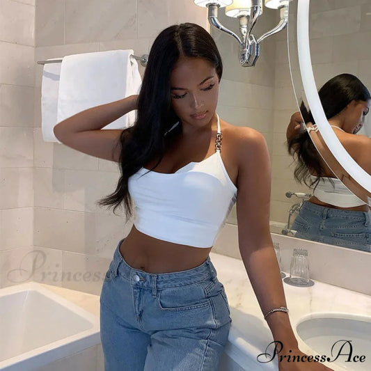 Stunning Trim Sleeveless Cowl Neck Classic Halter Crop Top - Black M / White