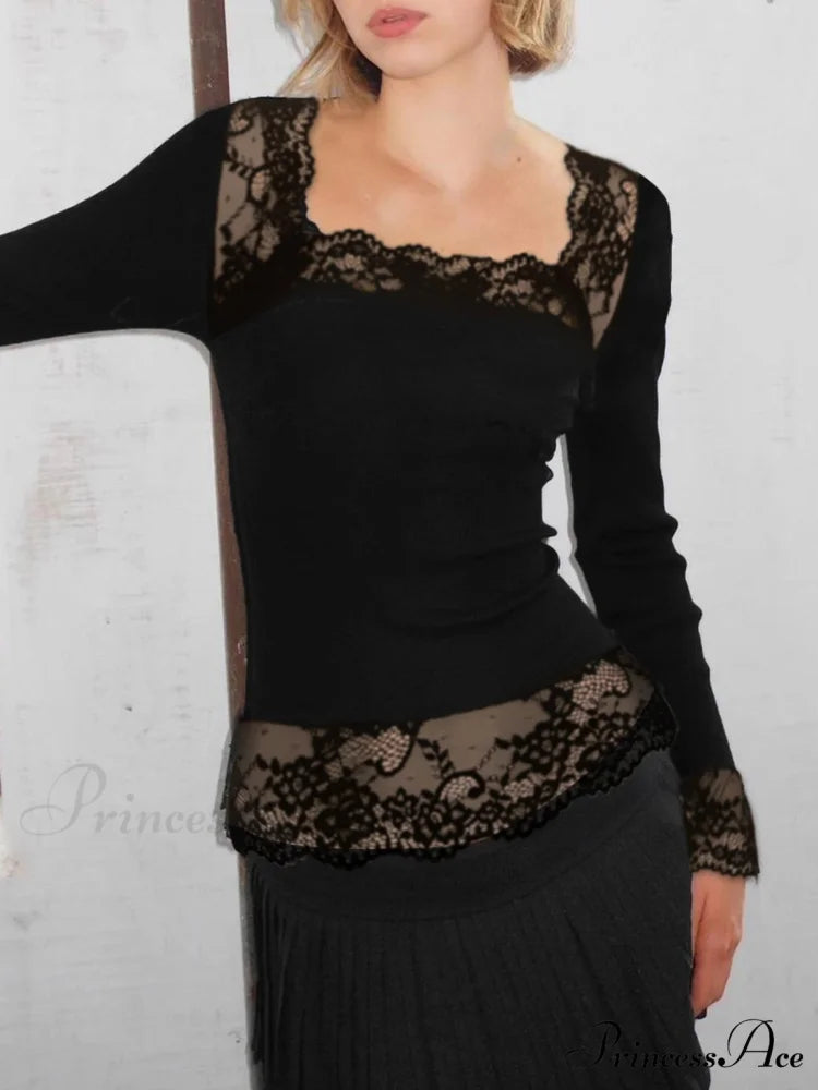 Sturdy Lace Trim Narrow Square Neck Long Sleeve Knit Top knittop-250126