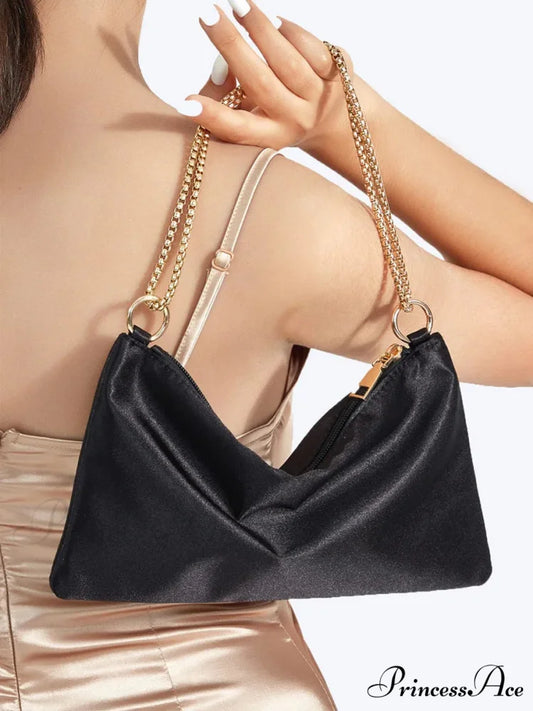 Sturdy Metallic Chain Underarm Evening Wedding Clutch Purse Black clutchbag-250126