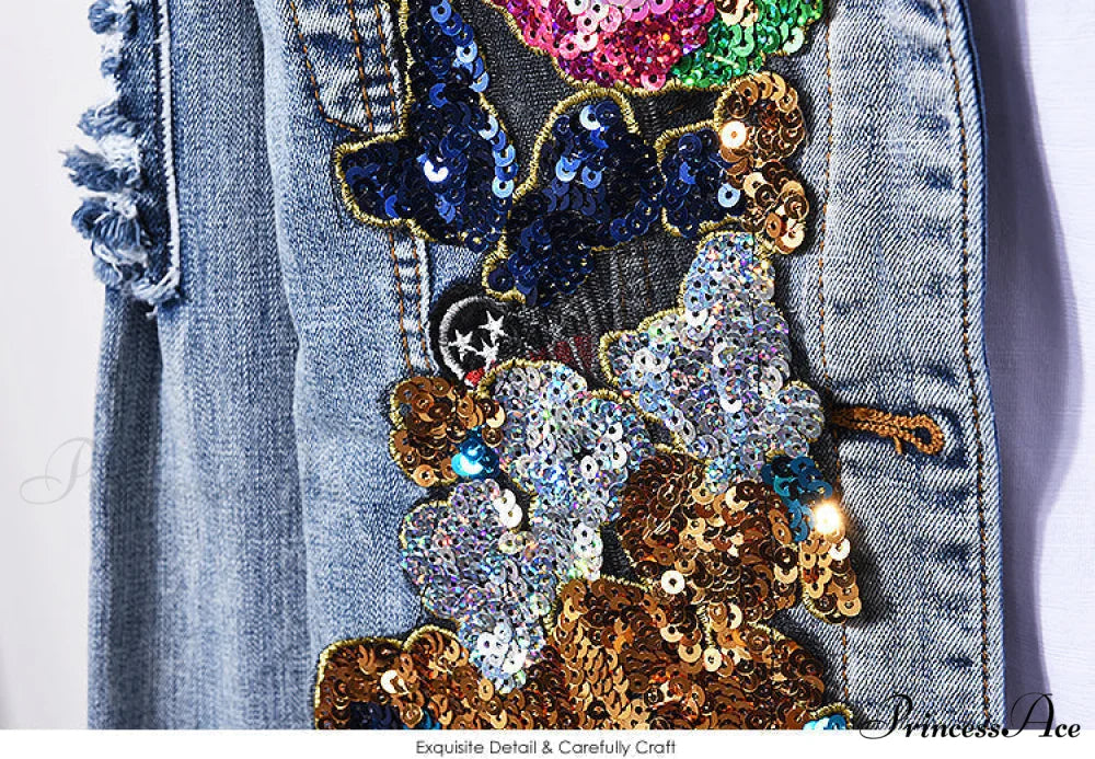 Style European Flower Suit Women Jeans Pants Outfit Jacket & Denim Fashion Sequined Set