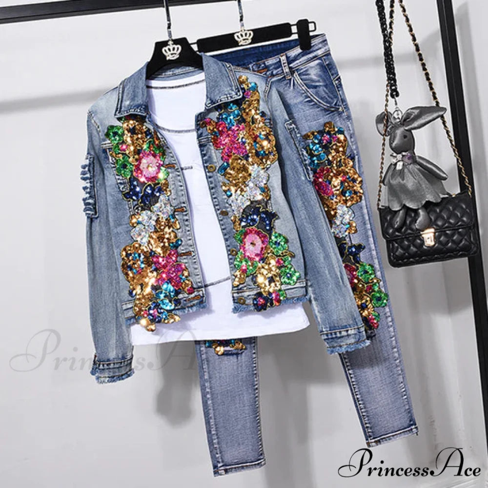 Style European Flower Suit Women Jeans Pants Outfit Jacket & Denim Fashion Sequined Set Jacket and jeans 1 / S