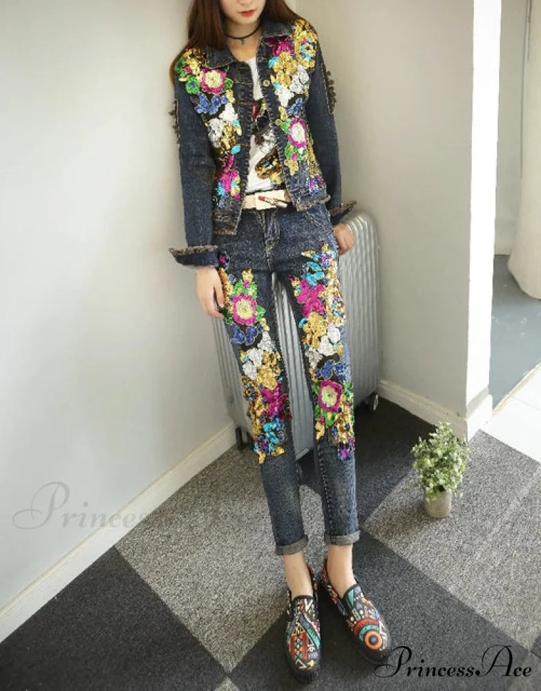 Style European Flower Suit Women Jeans Pants Outfit Jacket & Denim Fashion Sequined Set Jacket and jeans 2 / S