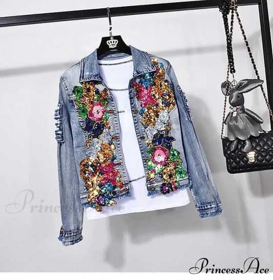 Style European Flower Suit Women Jeans Pants Outfit Jacket & Denim Fashion Sequined Set Only coat 1 / S
