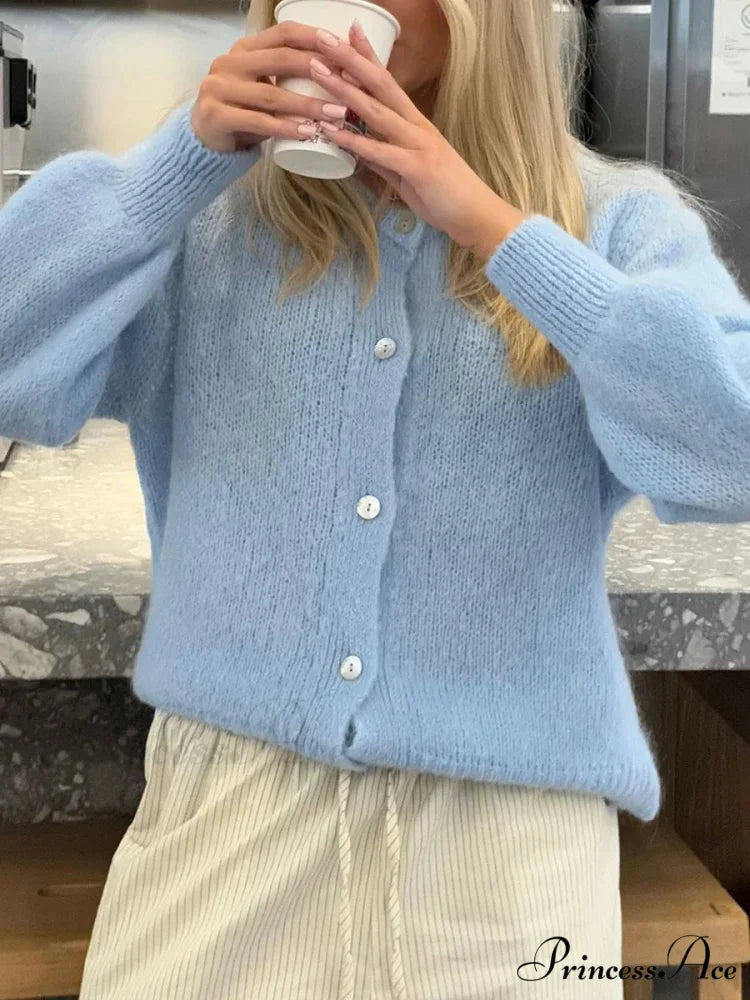 Stylish 2000s Button-Up Knit Informal Soft Cardigan Jacket Blue / S cardiagn-250126