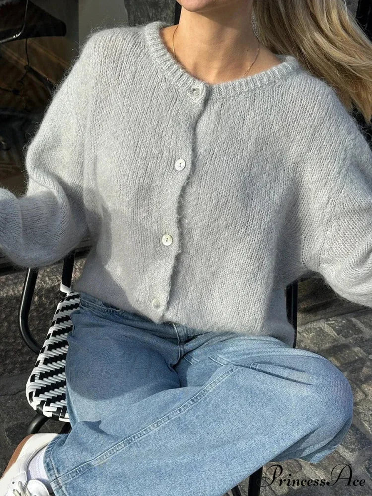 Stylish 2000s Button-Up Knit Informal Soft Cardigan Jacket GRAY / S cardiagn-250126