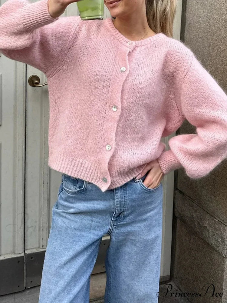 Stylish 2000s Button-Up Knit Informal Soft Cardigan Jacket Pink / S cardiagn-250126