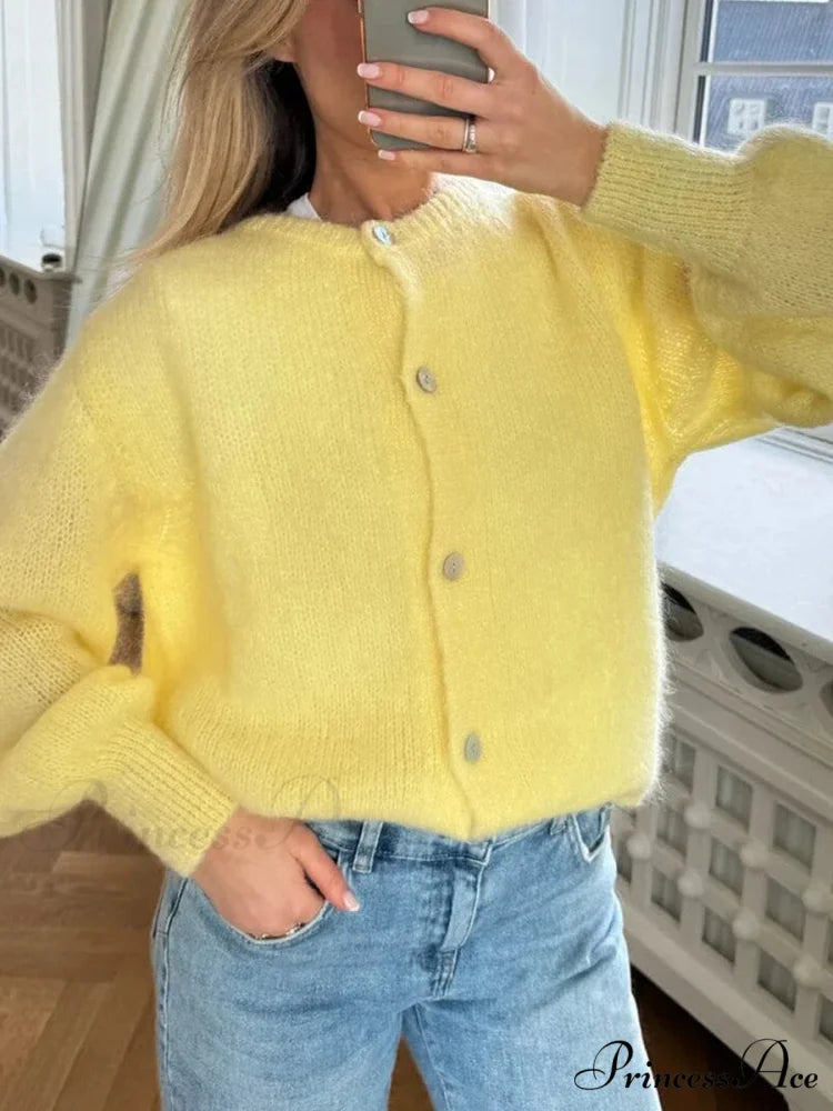 Stylish 2000s Button-Up Knit Informal Soft Cardigan Jacket Yellow / S cardiagn-250126