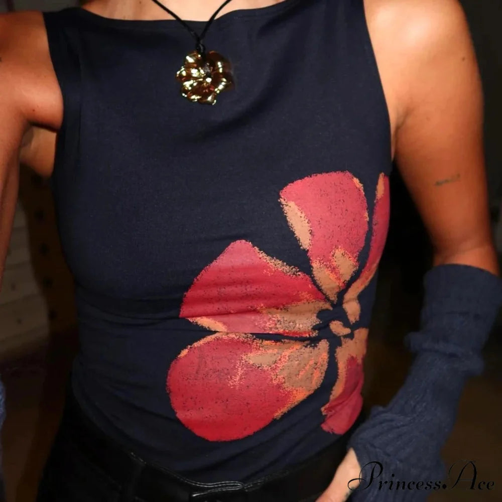 Stylish 2000s Floral Pattern Crewneck Sleeveless Graphic Crop BLACK2 / S croptop-250126