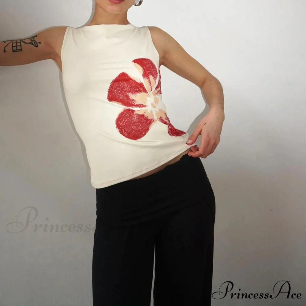 Stylish 2000s Floral Pattern Crewneck Sleeveless Graphic Crop croptop-250126